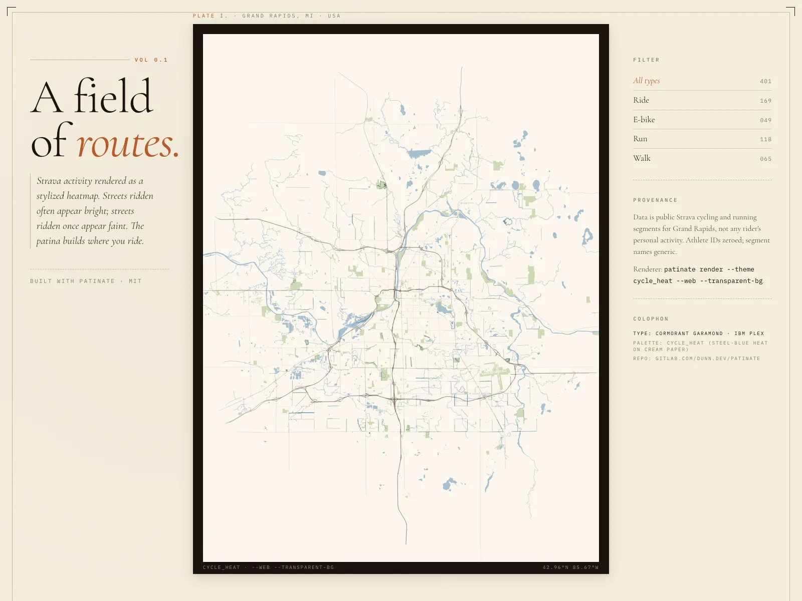 Patinate's GitLab Pages deployment showing a Grand Rapids cycle heatmap rendered in the cycle_heat theme, framed as a printed plate with technical caption metadata